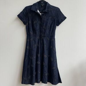 Ann Taylor Navy Eyelet Tennis Racket Button Up Collard Cotton Blend Dress Dress